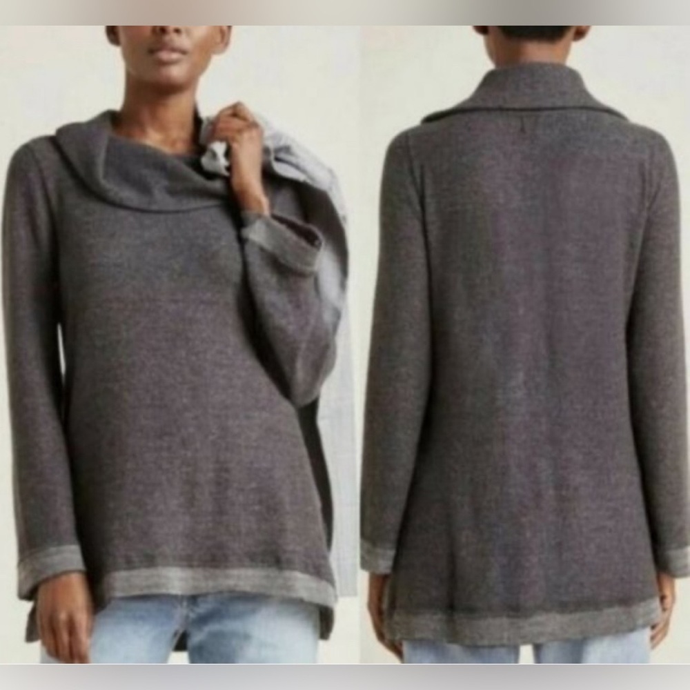 Maeve Anthropologie Top Risa Hacci Tunic Sweater Medium Gray Cowl Neck Raw Hem